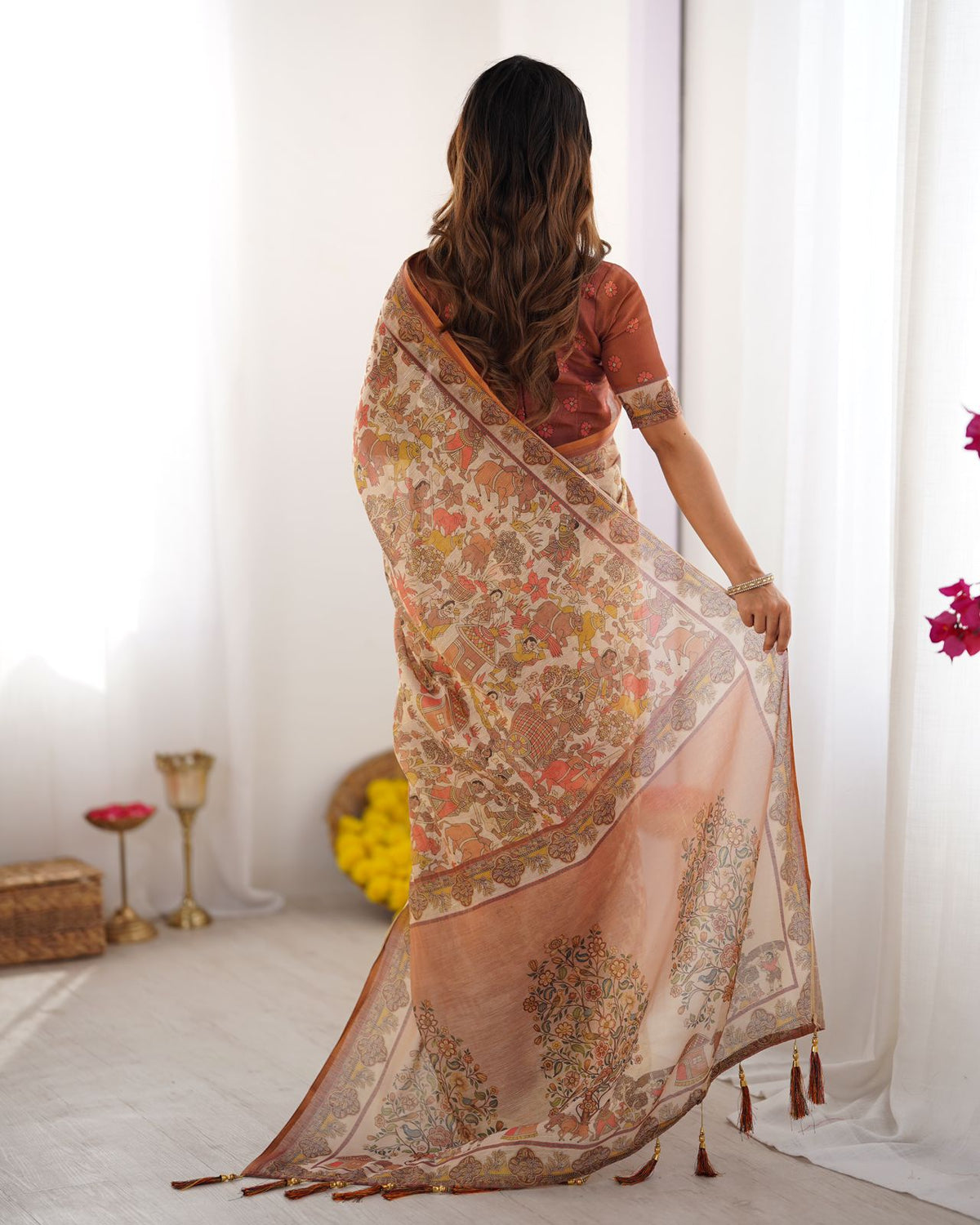 Ethnic Beige Cotton Linen Saree with Village Art Design for Women