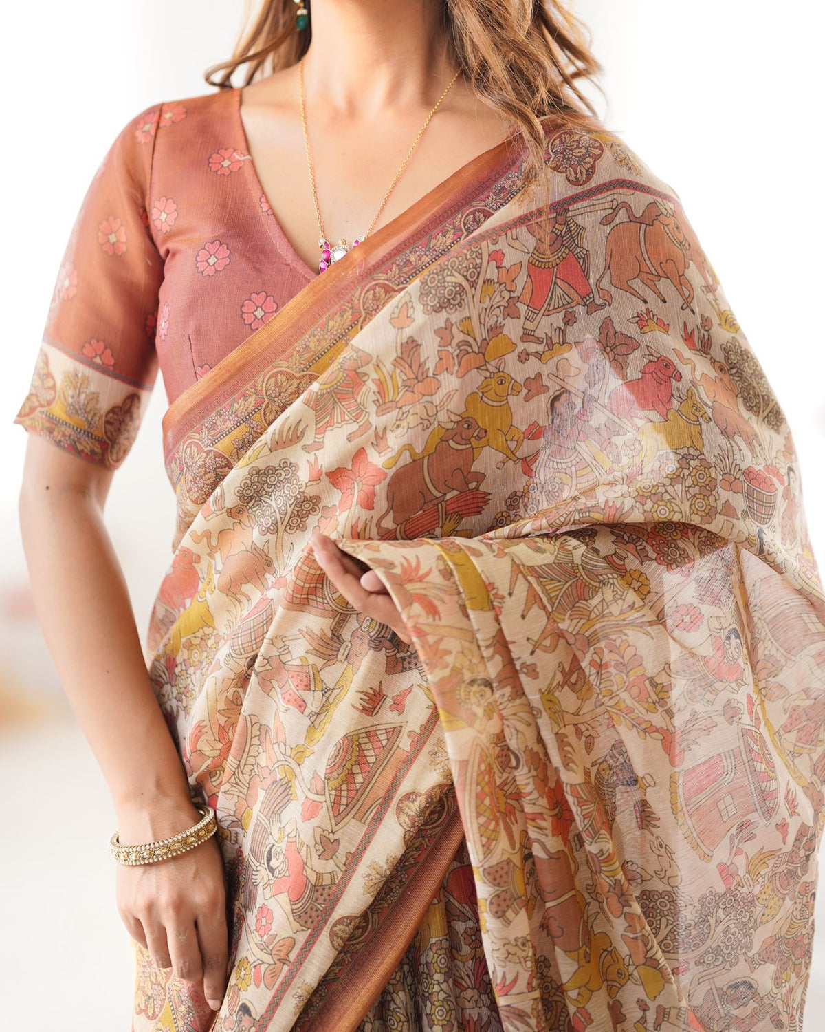 Ethnic Beige Cotton Linen Saree with Village Art Design for Women