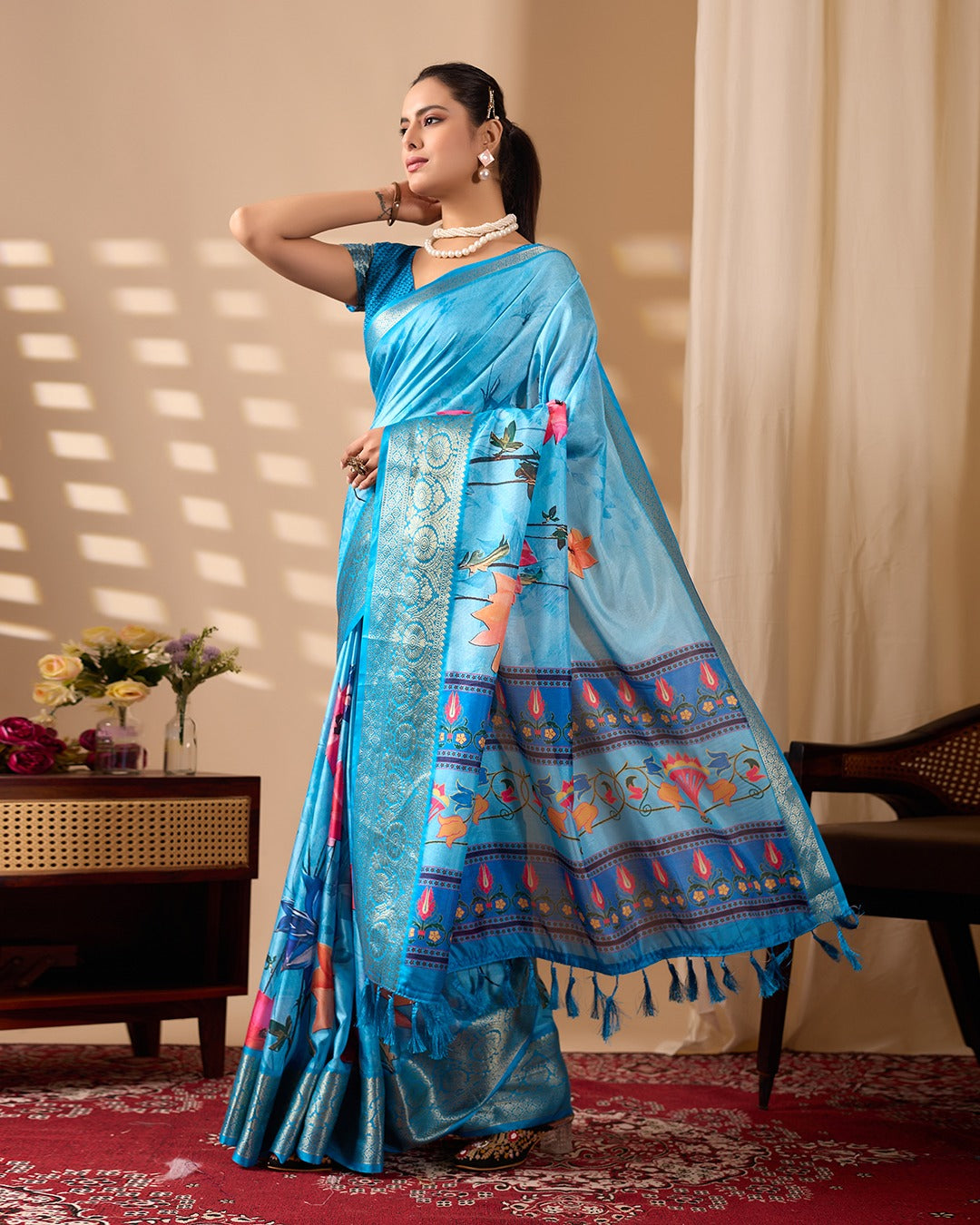 Blue Ethnic Saree with Floral Design and Zari Border for Women