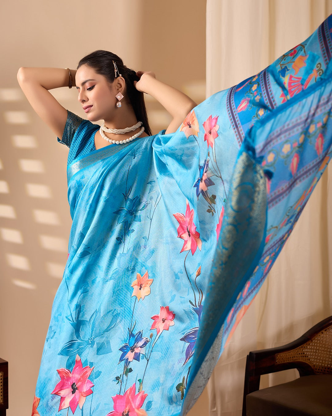 Blue Ethnic Saree with Floral Design and Zari Border for Women