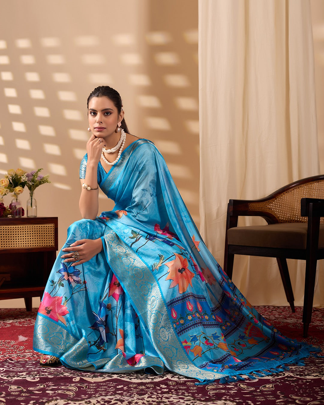Blue Ethnic Saree with Floral Design and Zari Border for Women
