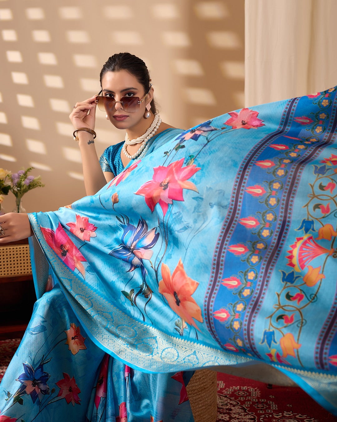 Blue Ethnic Saree with Floral Design and Zari Border for Women