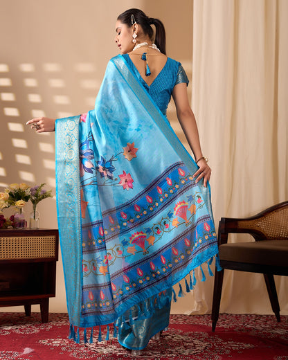 Blue Ethnic Saree with Floral Design and Zari Border for Women