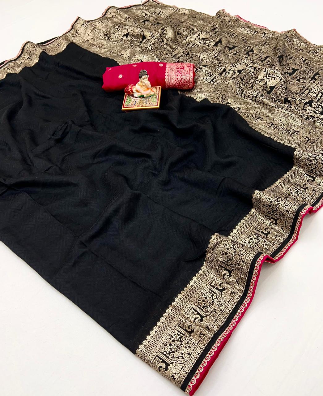 Festive Black Maslin Silk Saree With Woven Blouse for Women