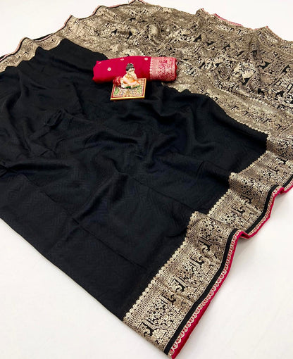 Festive Black Maslin Silk Saree With Woven Blouse for Women