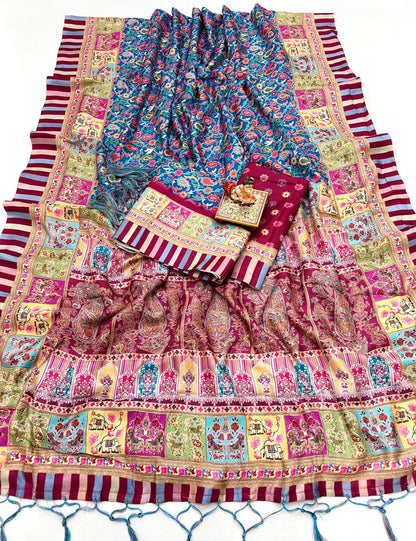 Festive Blue Pashmina Saree With Shawl &amp; Blouse for Women