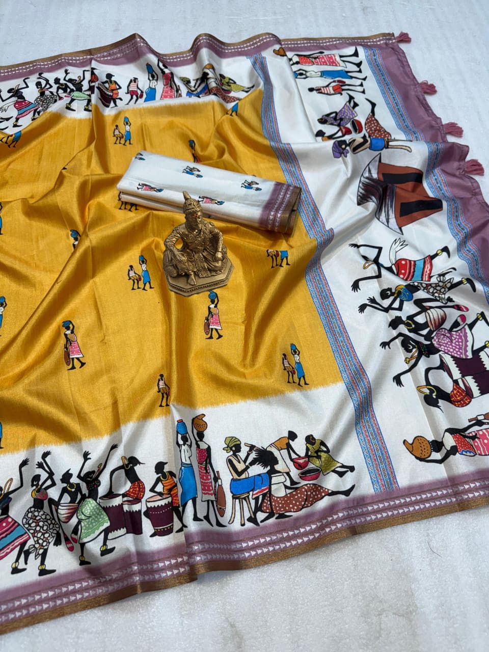 Festive Glow Warli Art Saree in Yellow for Women