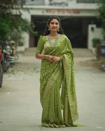Festive Green Banarasi Saree with Subtle Zari Motifs for Women