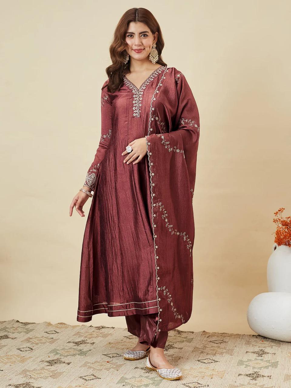 Festive Wear Maroon Silk Anarkali Suit Set for Women