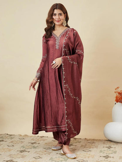 Festive Wear Maroon Silk Anarkali Suit Set for Women