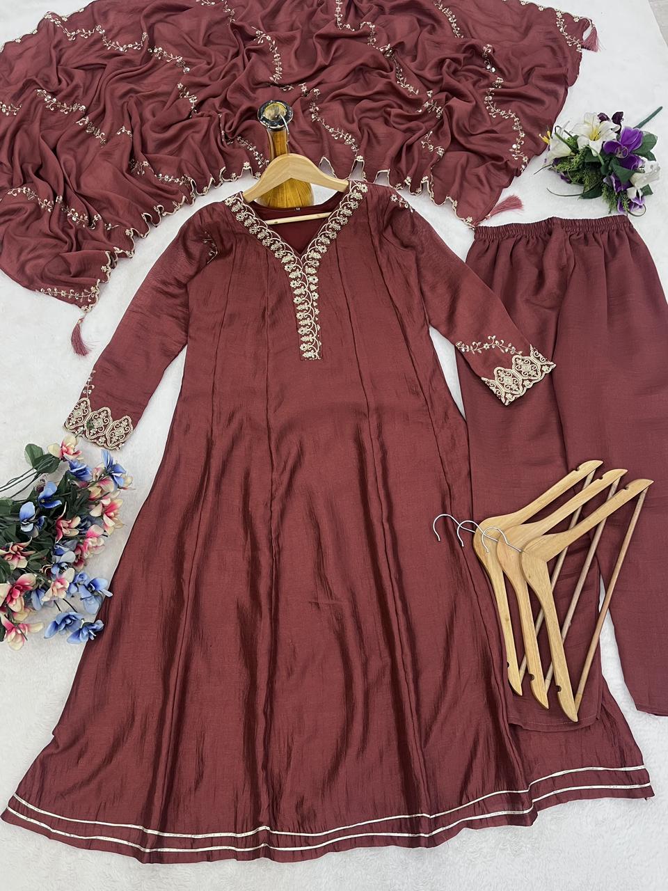 Festive Wear Maroon Silk Anarkali Suit Set for Women