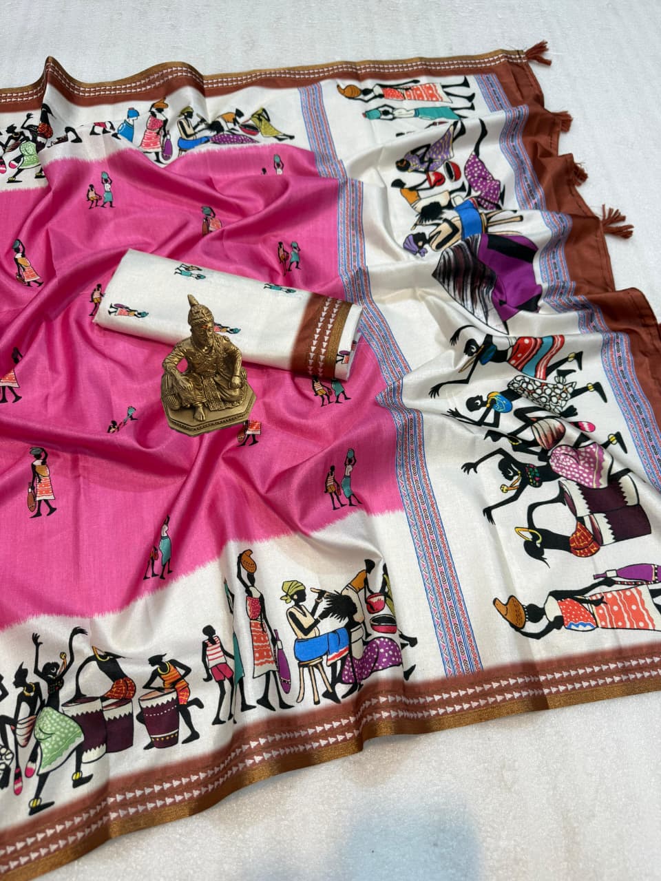 Festive Pink Cotton Saree with Warli Design for Women