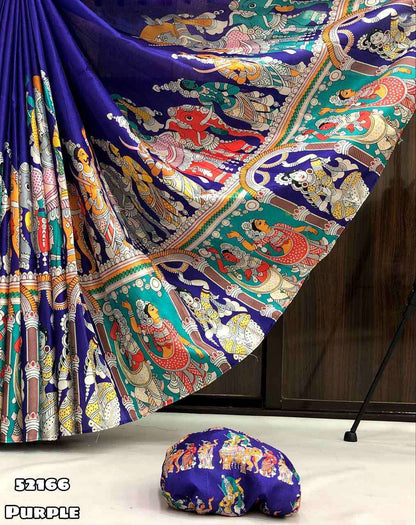 Festive Purple Tussar Silk Saree with Printed Blouse for Women
