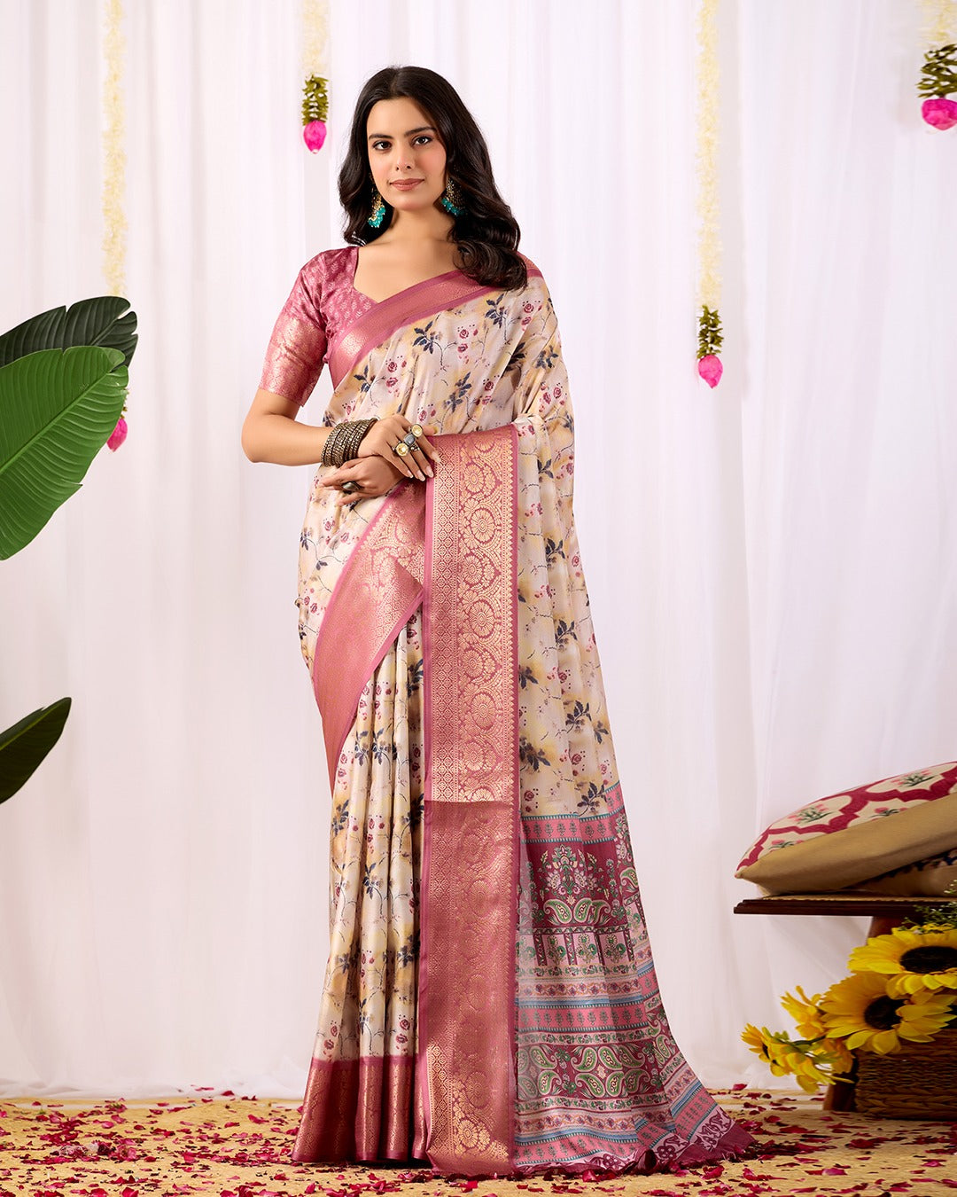 Festive Beige Saree with Floral Print and Rich Zari Work for Women