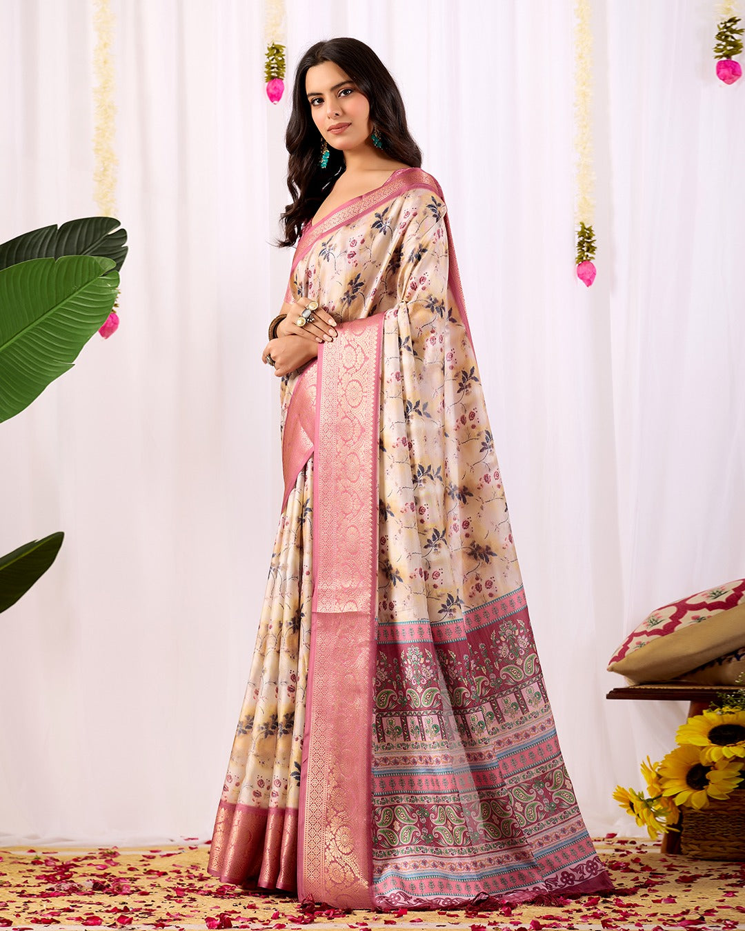 Festive Beige Saree with Floral Print and Rich Zari Work for Women