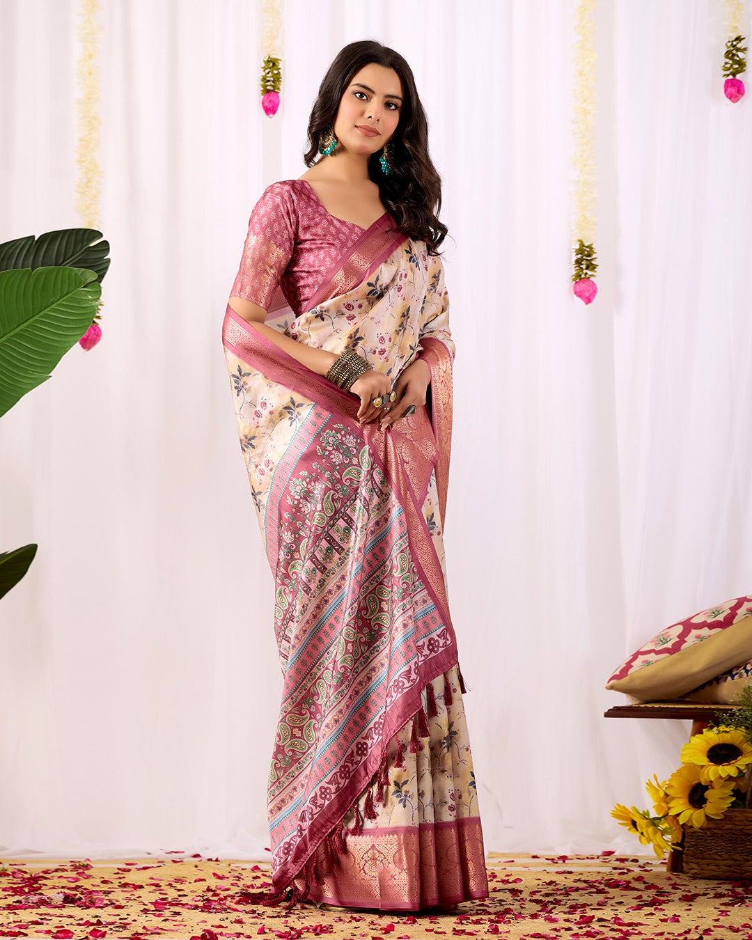 Festive Beige Saree with Floral Print and Rich Zari Work for Women