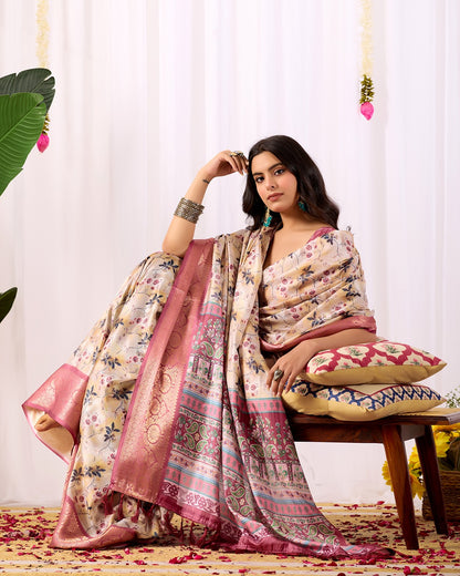 Festive Beige Saree with Floral Print and Rich Zari Work for Women