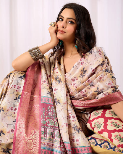 Festive Beige Saree with Floral Print and Rich Zari Work for Women