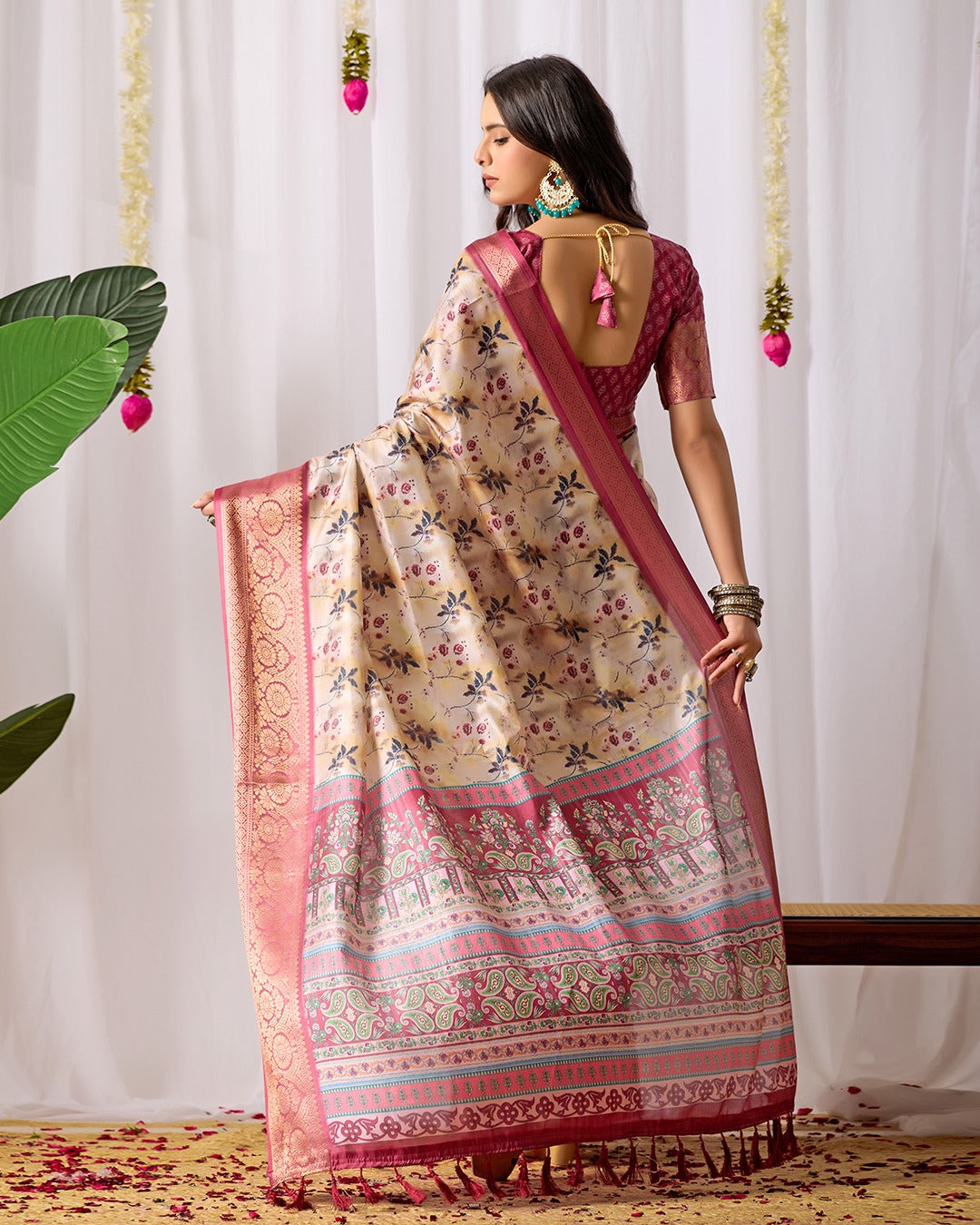Festive Beige Saree with Floral Print and Rich Zari Work for Women