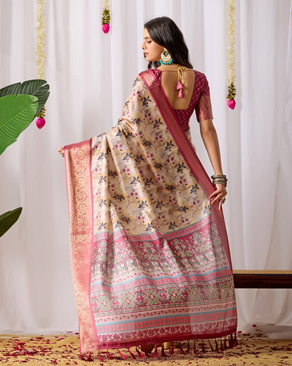 Festive Beige Saree with Floral Print and Rich Zari Work for Women