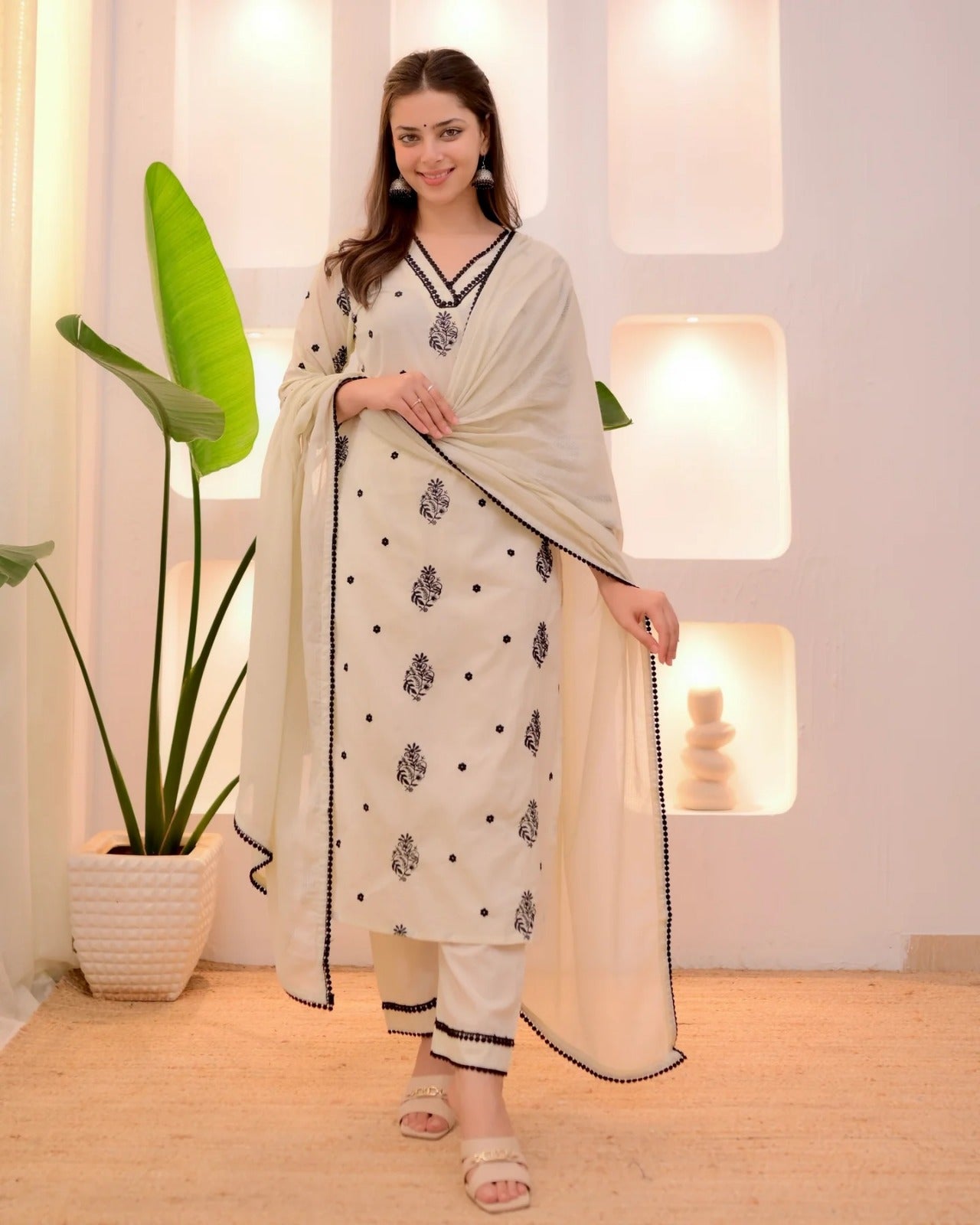 Festive Wear Cream Embroidered Kurta Set