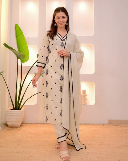 Festive Wear Cream Embroidered Kurta Set for Women