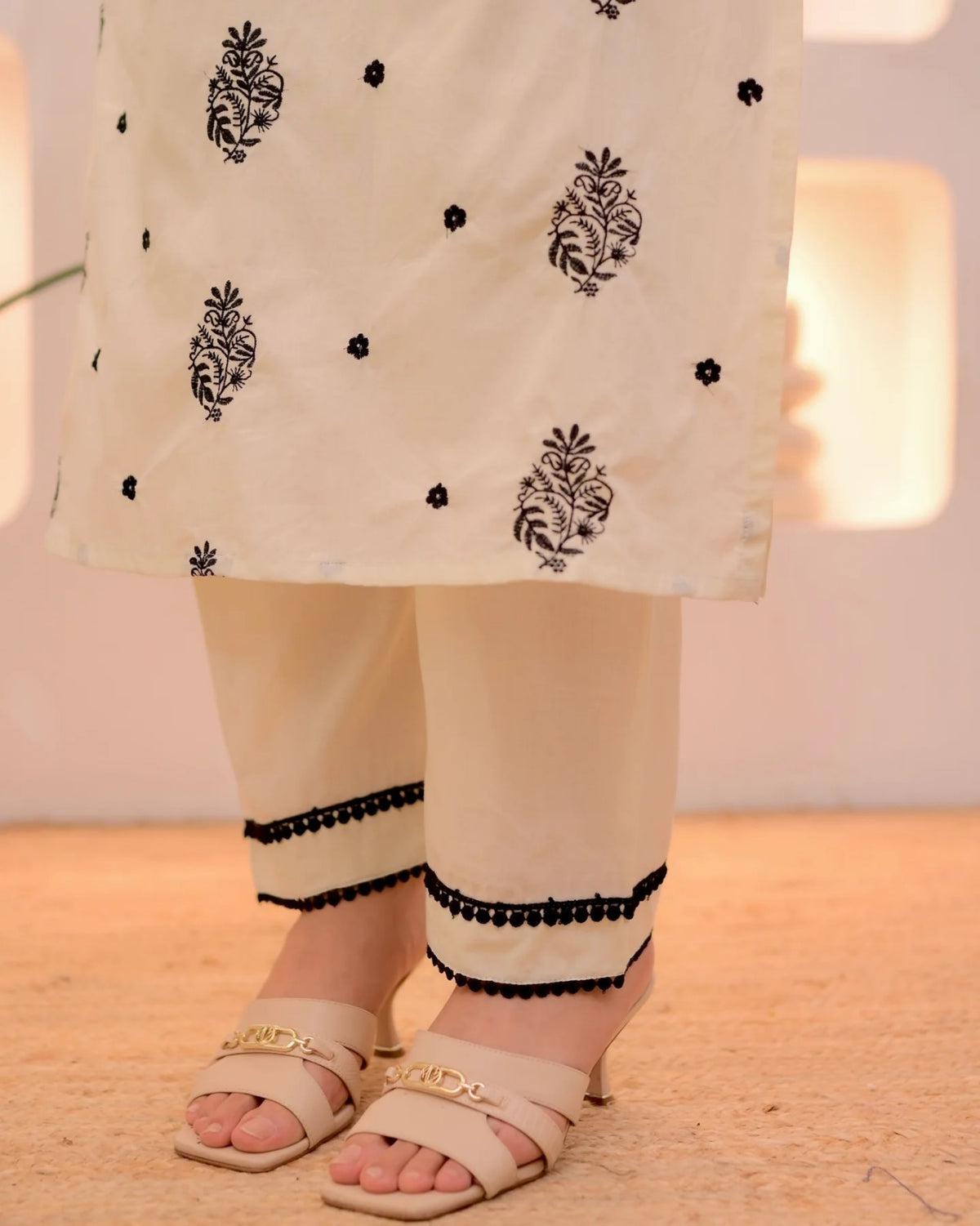 Festive Wear Cream Embroidered Kurta Set for Women