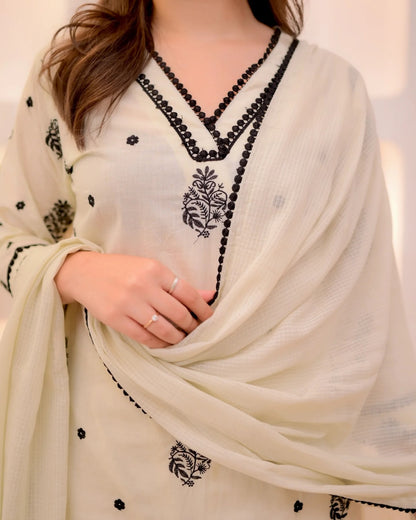 Festive Wear Cream Embroidered Kurta Set for Women