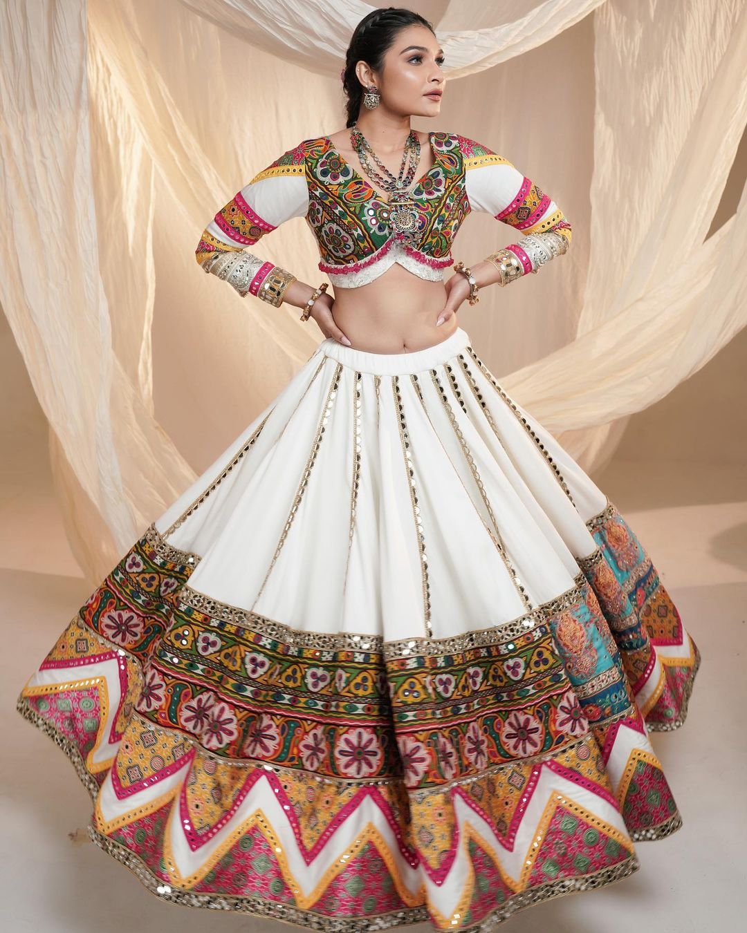 Festive White Lehenga Choli with Mirror Work Design for Women