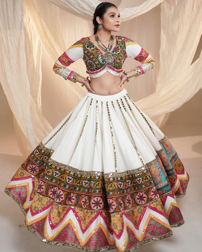 Festive White Lehenga Choli with Mirror Work Design for Women