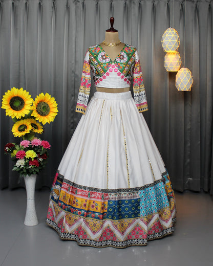 Festive White Lehenga Choli with Mirror Work Design for Women