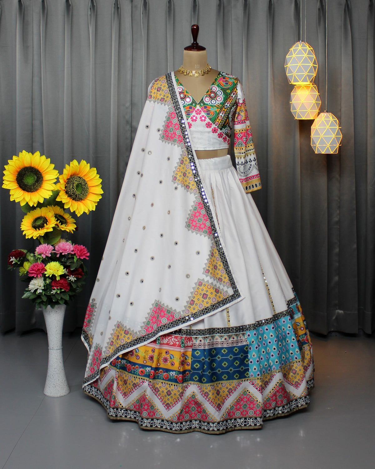 Festive White Lehenga Choli with Mirror Work Design for Women