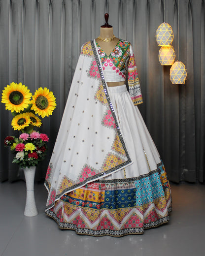 Festive White Lehenga Choli with Mirror Work Design for Women
