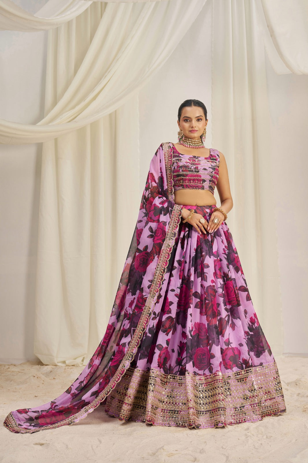 Floral Digital Printed Organza Lehenga with Zari, Dori and Sequin Embroidery