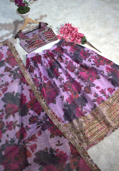 Floral Digital Printed Organza Lehenga with Zari, Dori and Sequin