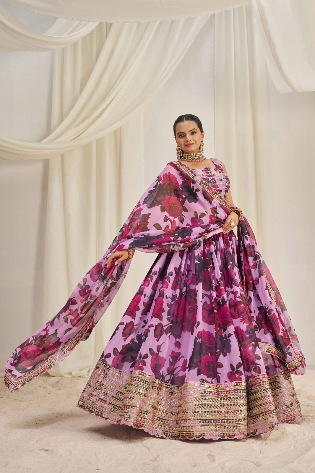 Floral Digital Printed Organza Lehenga with Zari, Dori and Sequin Embroidery