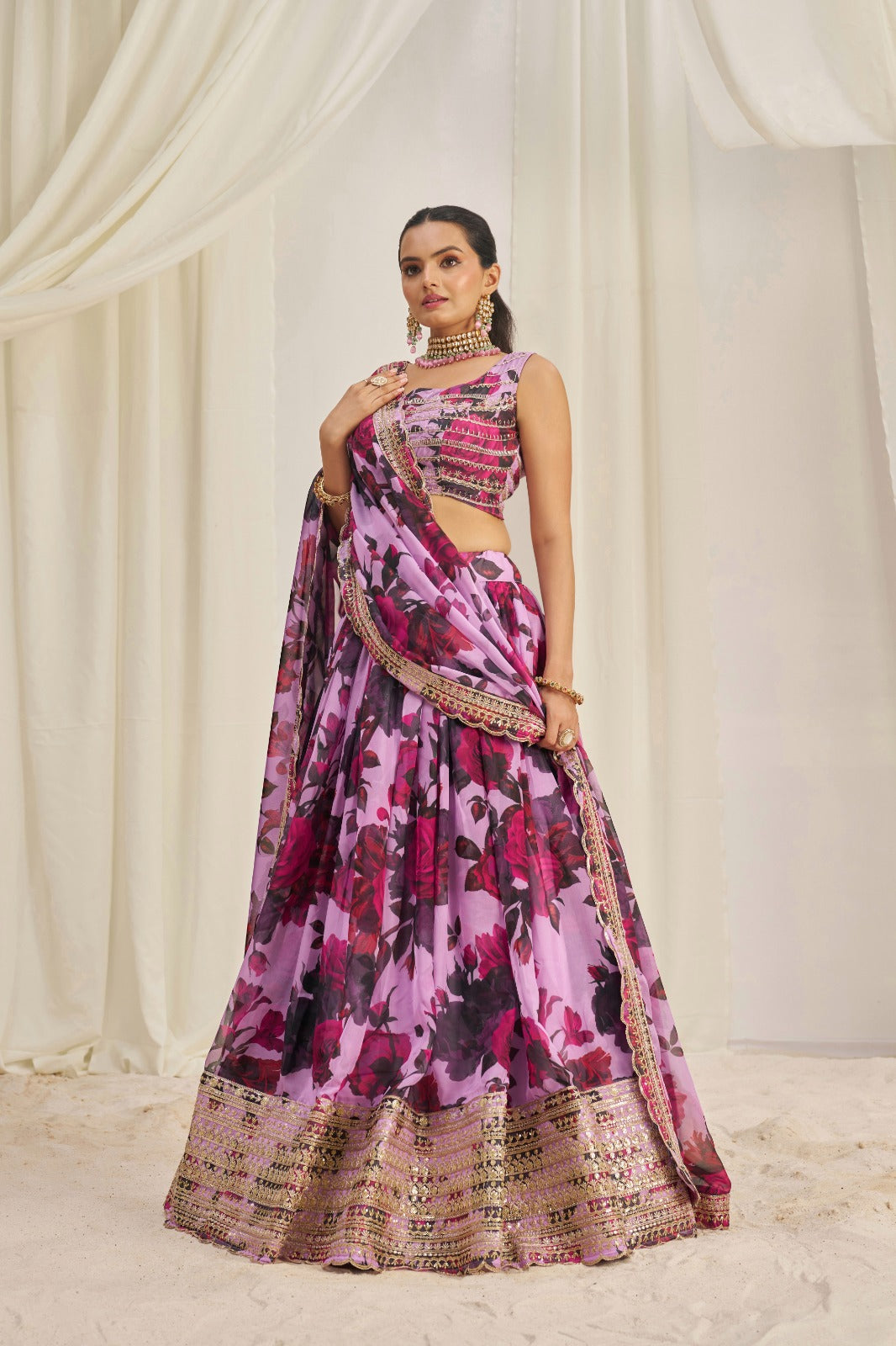 Floral Digital Printed Organza Lehenga with Zari, Dori and Sequin