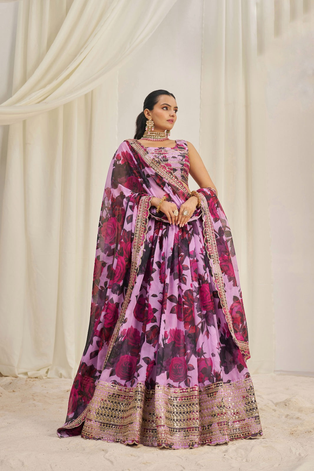 Floral Digital Printed Organza Lehenga with Zari, Dori and Sequin