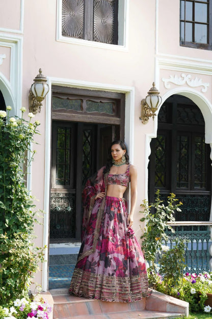 Floral Digital Printed Organza Lehenga with Zari, Dori and Sequin