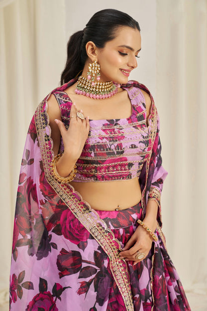 Floral Digital Printed Organza Lehenga with Zari, Dori and Sequin