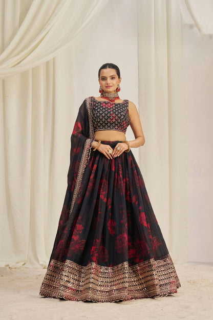 Floral Digital Printed Organza Lehenga with Zari, Dori and Sequin 2