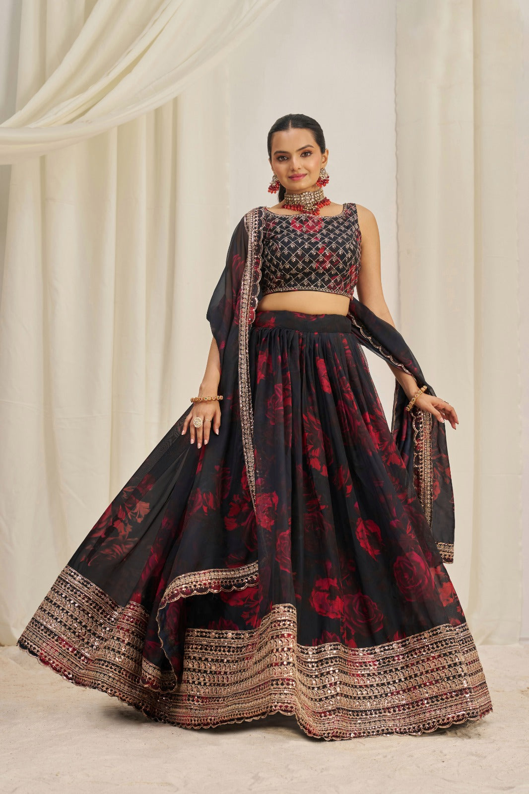 Floral Digital Printed Organza Lehenga with Zari, Dori and Sequin 2