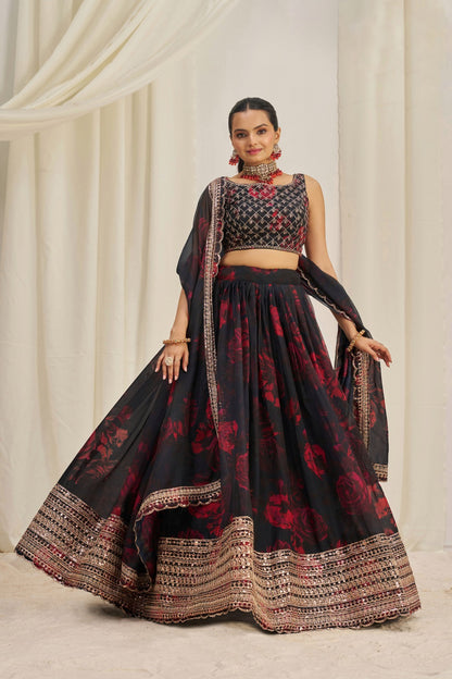 Floral Digital Printed Organza Lehenga with Zari, Dori and Sequin 2