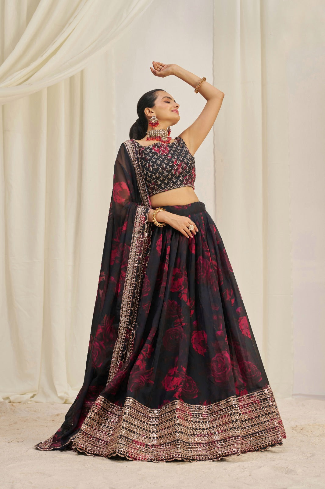 Floral Digital Printed Organza Lehenga with Zari, Dori and Sequin 2
