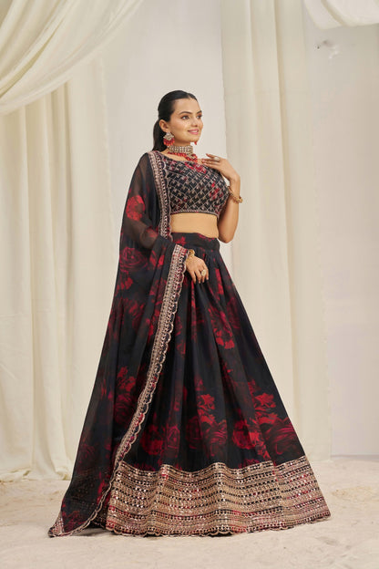 Floral Digital Printed Organza Lehenga with Zari, Dori and Sequin 2