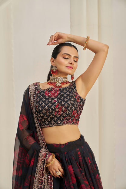 Floral Digital Printed Organza Lehenga with Zari, Dori and Sequin 2