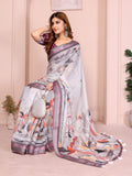 Grey Floral Linen Cotton Saree with Zari Border Style