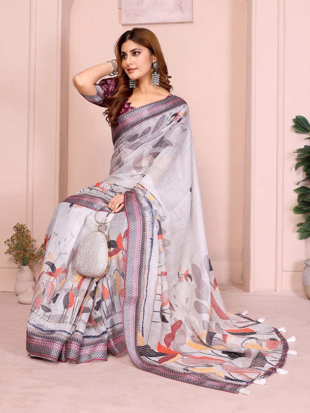 Grey Floral Linen Cotton Saree with Zari Border Style