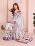 Grey Floral Linen Cotton Saree with Zari Border Style for Women