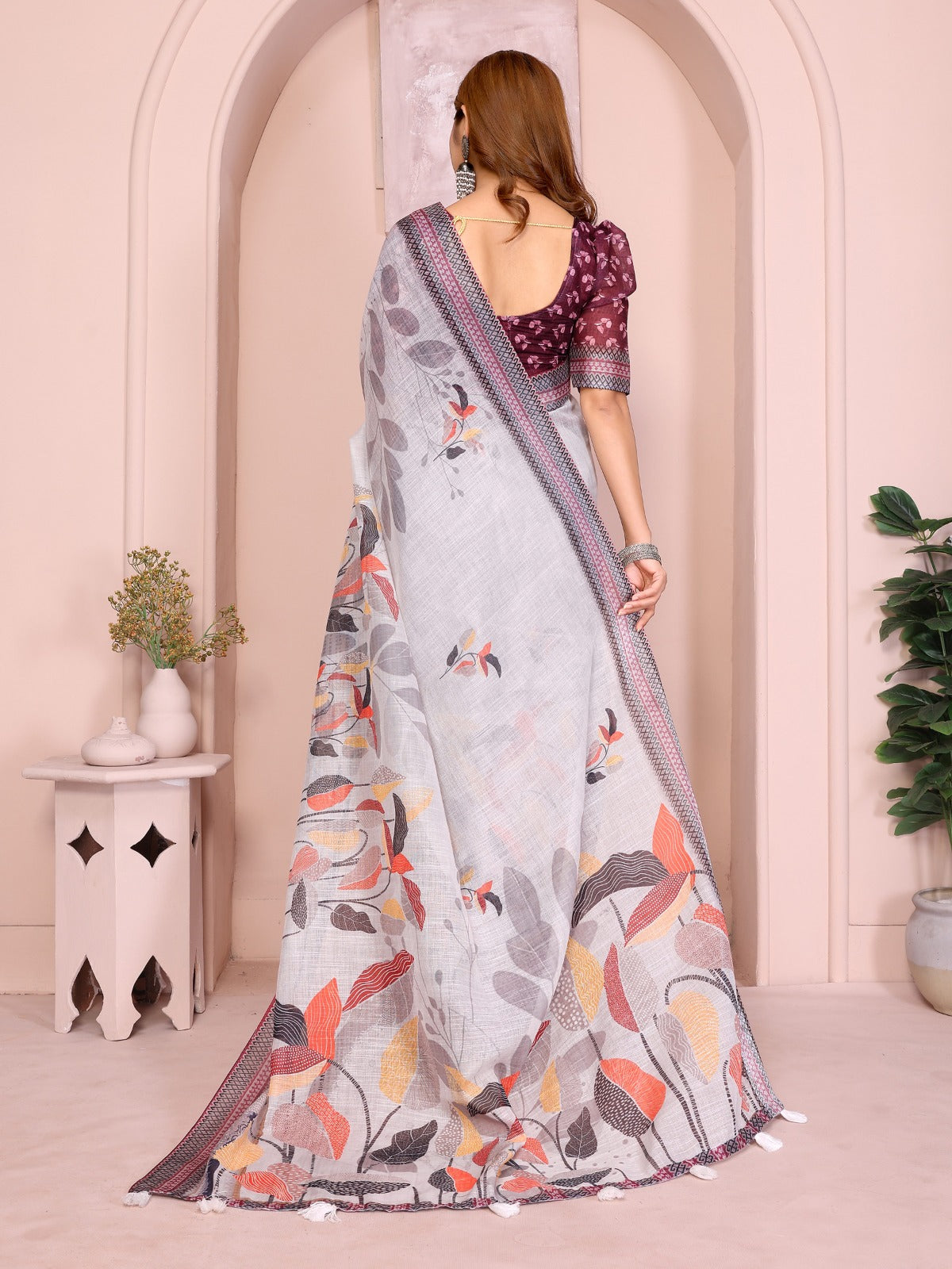 Grey Floral Linen Cotton Saree with Zari Border Style for Women